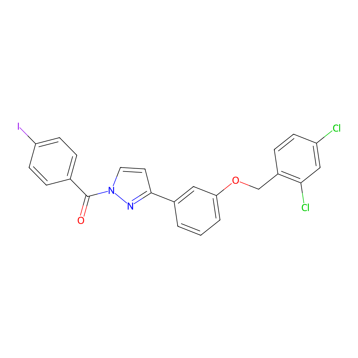 [3-[3-[(2,4-Dichlorophenyl)methoxy]phenyl]pyrazol-1-yl]-(4-iodophenyl)methanone molecular structure, CAS 477712-60-0