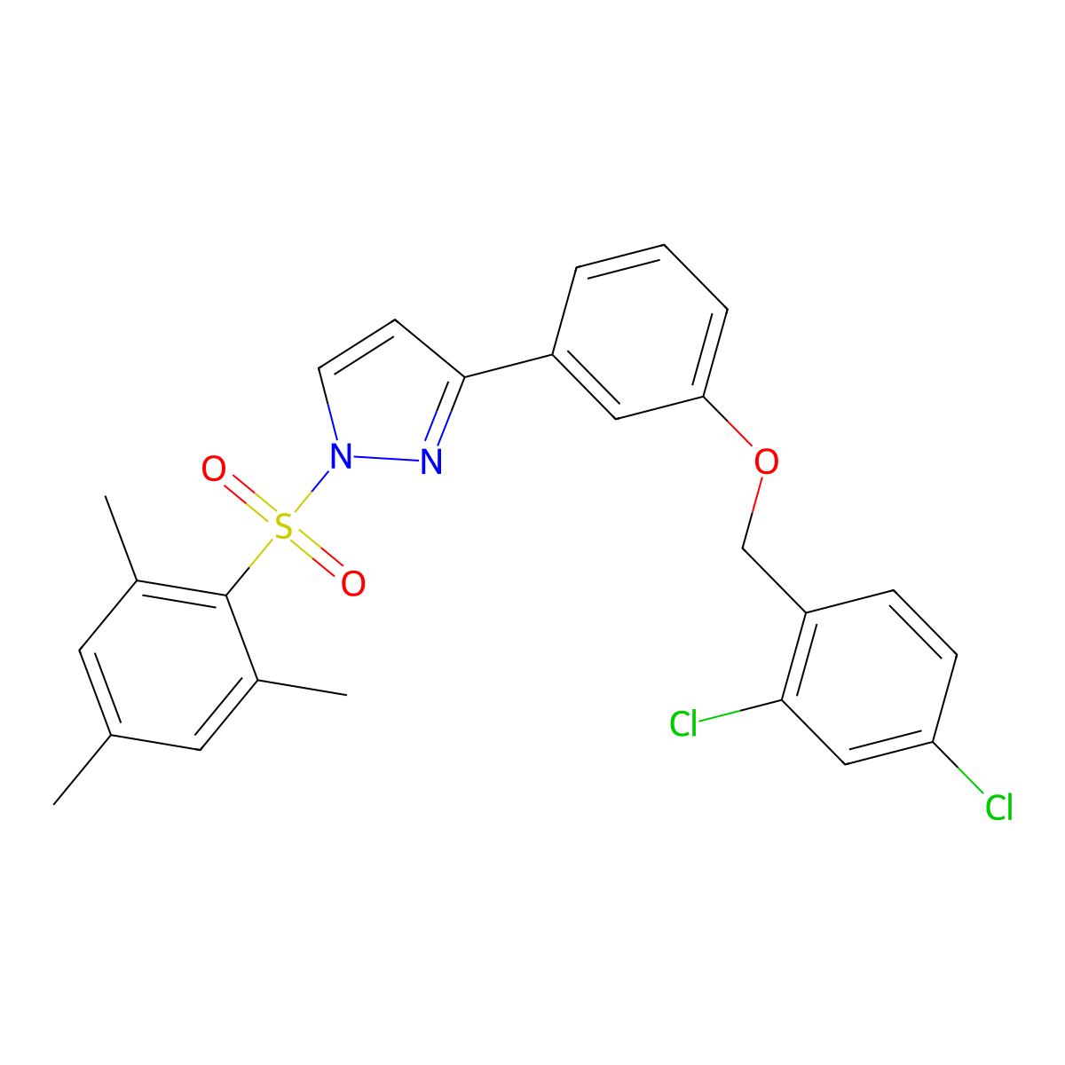 3-{3-[(2,4-dichlorobenzyl)oxy]phenyl}-1-(mesitylsulfonyl)-1H-pyrazole molecular structure, CAS 477712-75-7