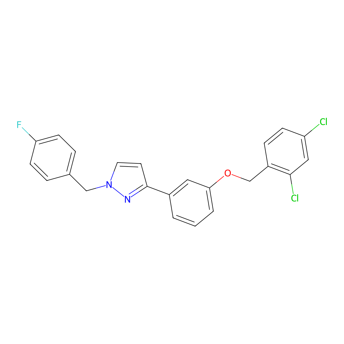 3-[3-[(2,4-Dichlorophenyl)methoxy]phenyl]-1-[(4-fluorophenyl)methyl]pyrazole molecular structure, CAS 477712-76-8