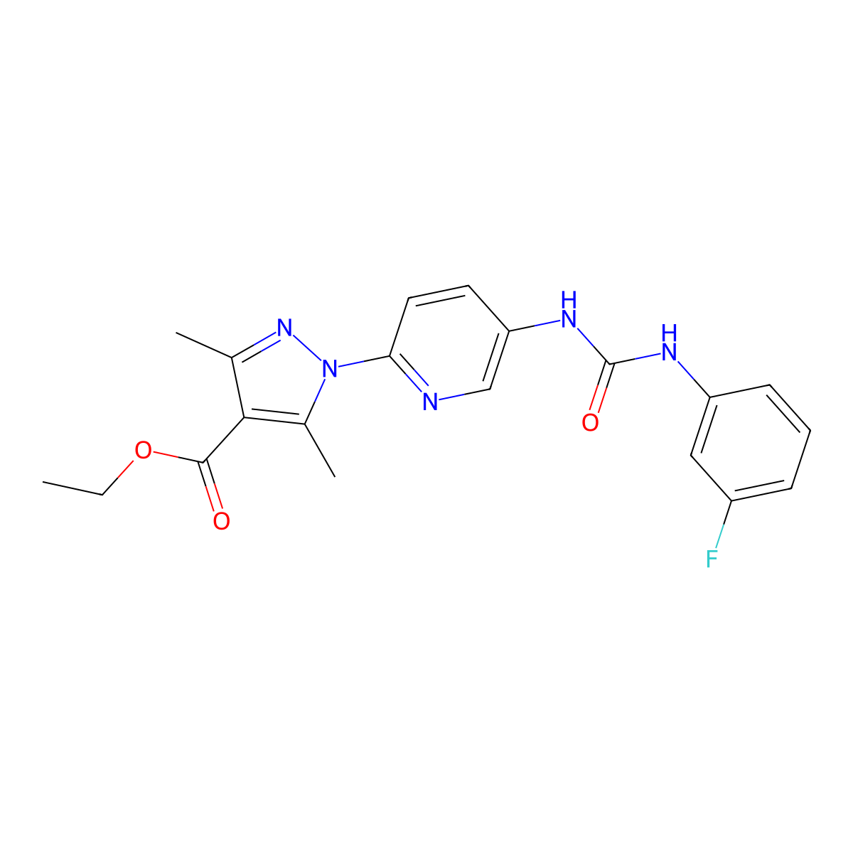 ethyl 1-(5-{[(3-fluoroanilino)carbonyl]amino}-2-pyridinyl)-3,5-dimethyl-1H-pyrazole-4-carboxylate molecular structure, CAS 477712-83-7