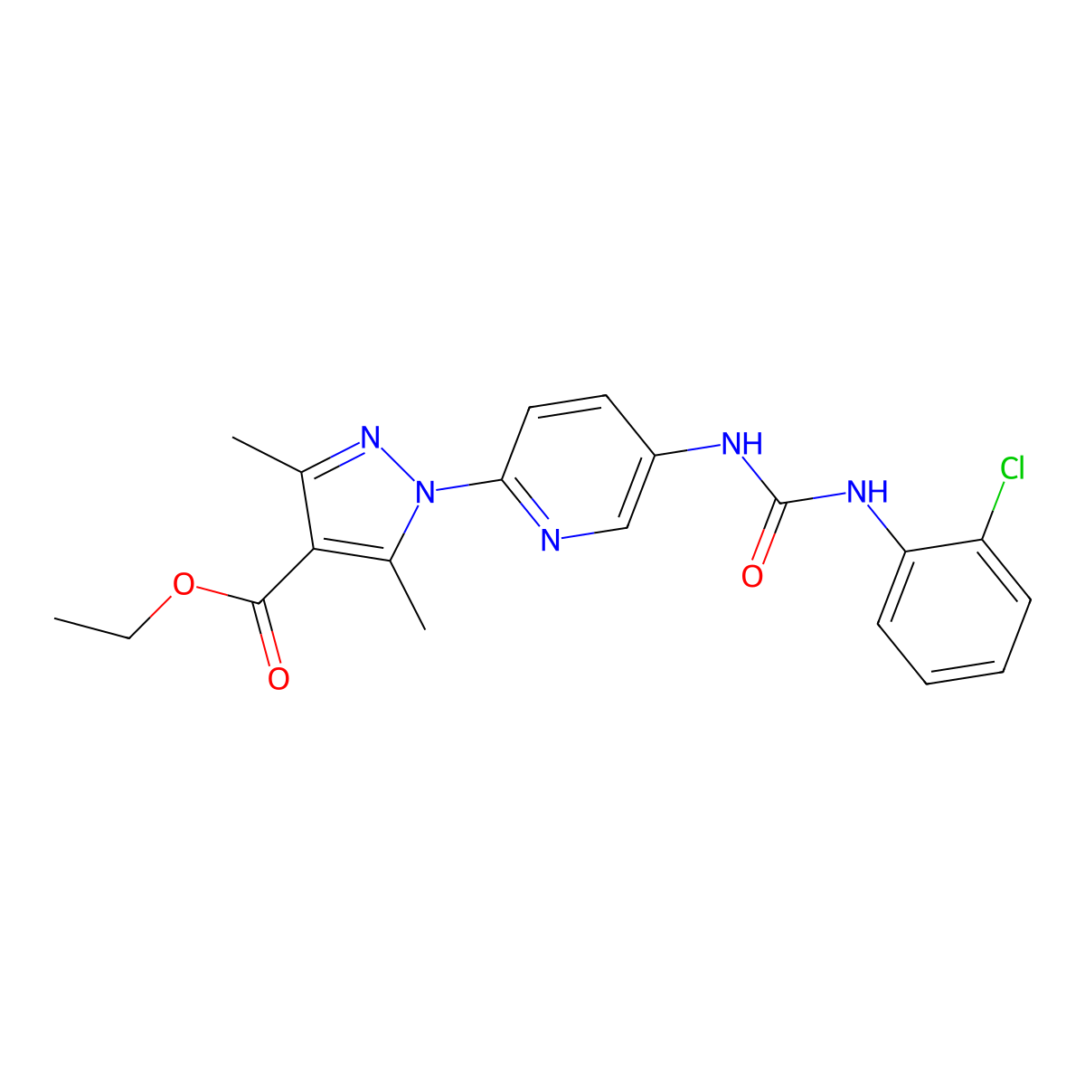 ethyl 1-(5-{[(2-chloroanilino)carbonyl]amino}-2-pyridinyl)-3,5-dimethyl-1H-pyrazole-4-carboxylate molecular structure, CAS 477712-85-9