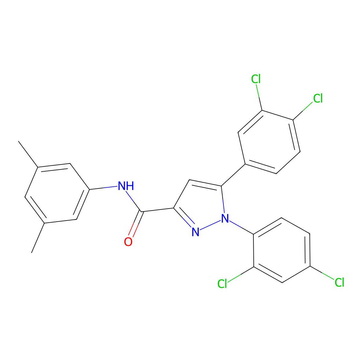 1-(2,4-dichlorophenyl)-5-(3,4-dichlorophenyl)-N-(3,5-dimethylphenyl)-1H-pyrazole-3-carboxamide molecular structure, CAS 477713-21-6