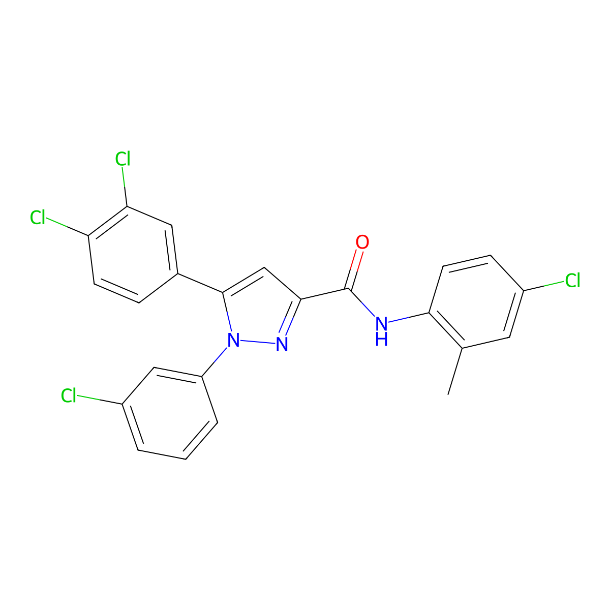 N-(4-chloro-2-methylphenyl)-1-(3-chlorophenyl)-5-(3,4-dichlorophenyl)-1H-pyrazole-3-carboxamide molecular structure, CAS 477713-32-9