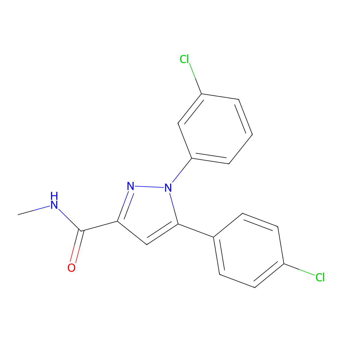 1-(3-chlorophenyl)-5-(4-chlorophenyl)-N-methyl-1H-pyrazole-3-carboxamide molecular structure, CAS 477713-33-0