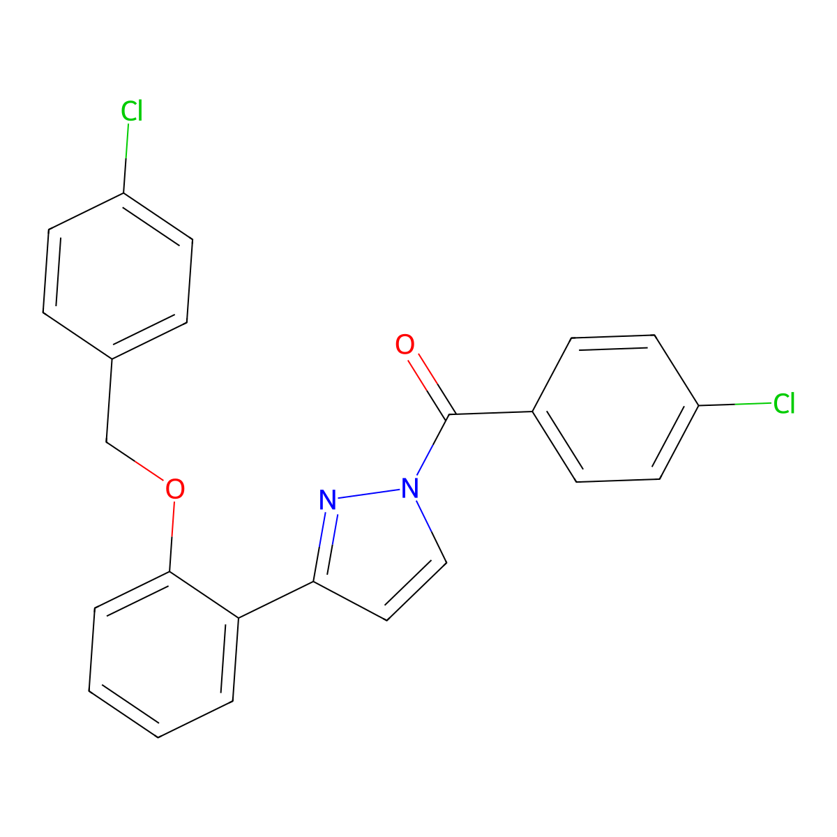 (4-Chlorophenyl)-[3-[2-[(4-chlorophenyl)methoxy]phenyl]pyrazol-1-yl]methanone molecular structure, CAS 477713-38-5