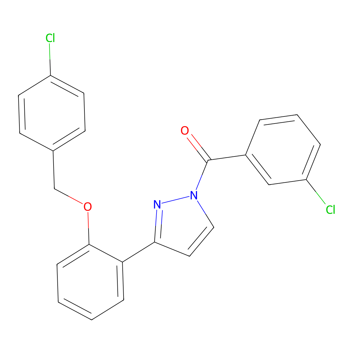 (3-Chlorophenyl)-[3-[2-[(4-chlorophenyl)methoxy]phenyl]pyrazol-1-yl]methanone molecular structure, CAS 477713-41-0