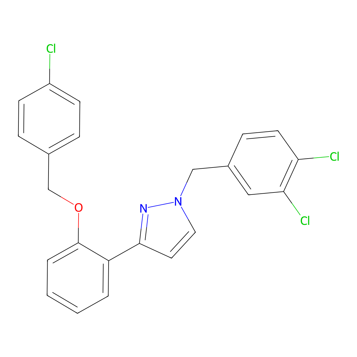3-[2-[(4-Chlorophenyl)methoxy]phenyl]-1-[(3,4-dichlorophenyl)methyl]pyrazole molecular structure, CAS 477713-45-4