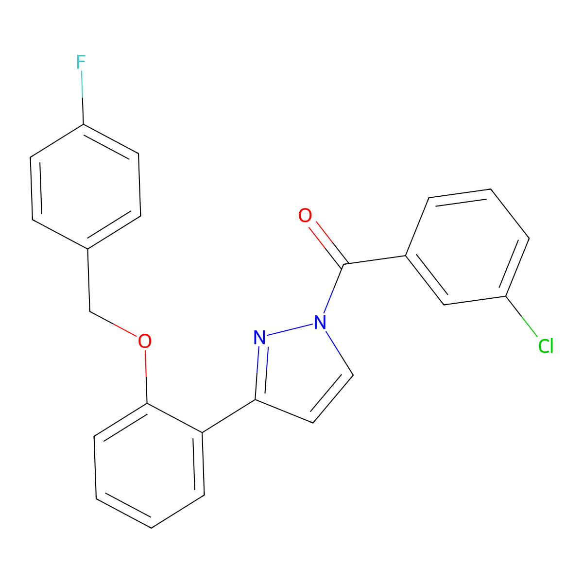 (3-Chlorophenyl)-[3-[2-[(4-fluorophenyl)methoxy]phenyl]pyrazol-1-yl]methanone molecular structure, CAS 477713-47-6
