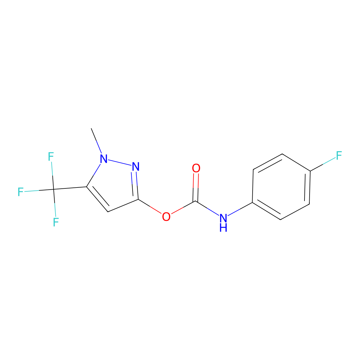 1-methyl-5-(trifluoromethyl)-1H-pyrazol-3-yl N-(4-fluorophenyl)carbamate molecular structure, CAS 477713-74-9
