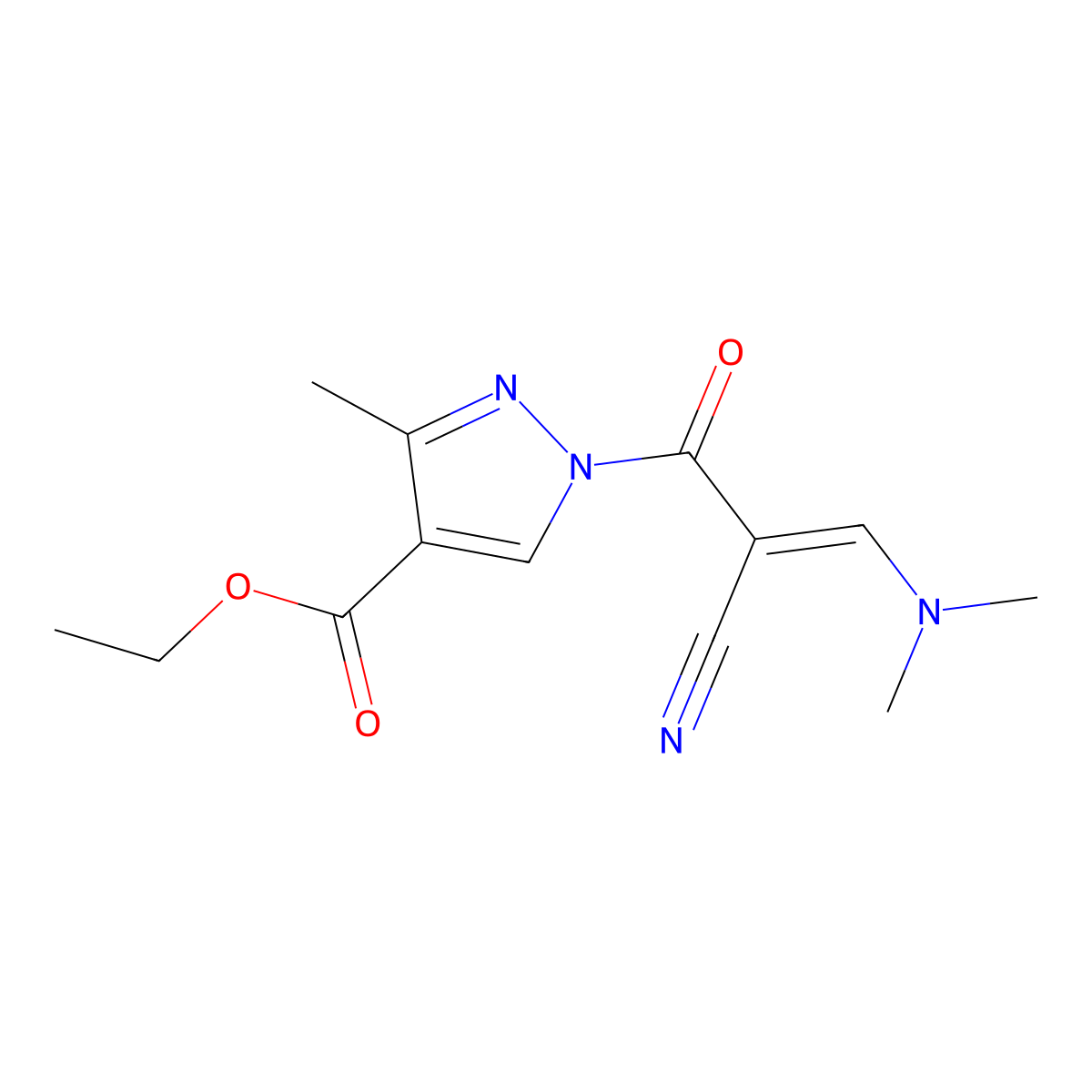 ethyl 1-[(E)-2-cyano-3-(dimethylamino)prop-2-enoyl]-3-methylpyrazole-4-carboxylate molecular structure, CAS 477713-80-7