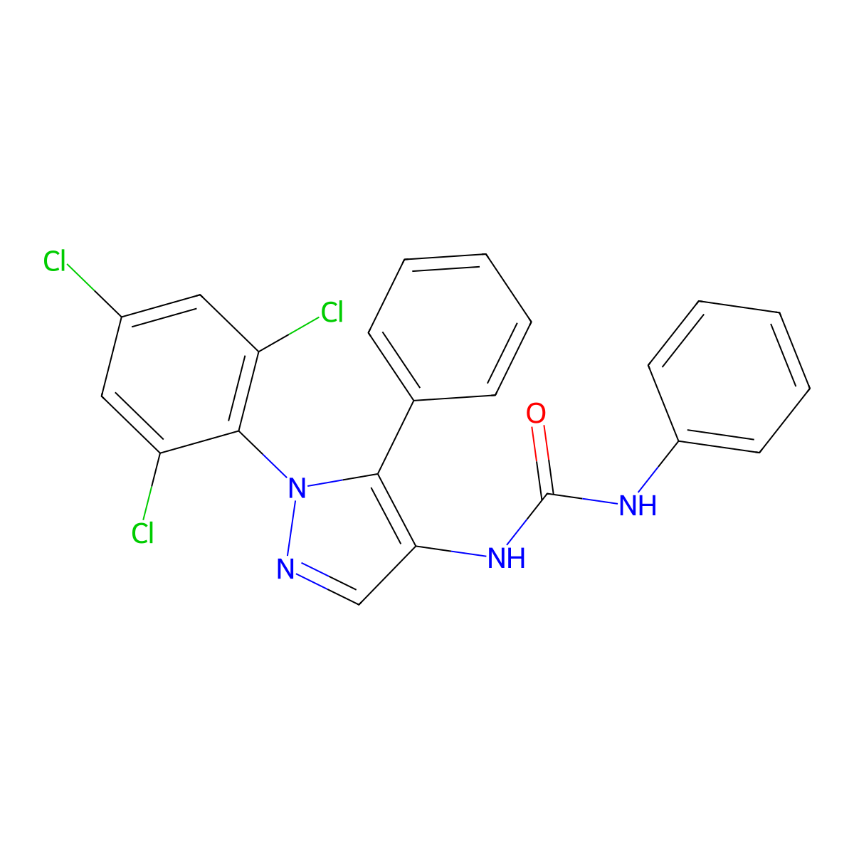 N-phenyl-N'-[5-phenyl-1-(2,4,6-trichlorophenyl)-1H-pyrazol-4-yl]urea molecular structure, CAS 477713-89-6