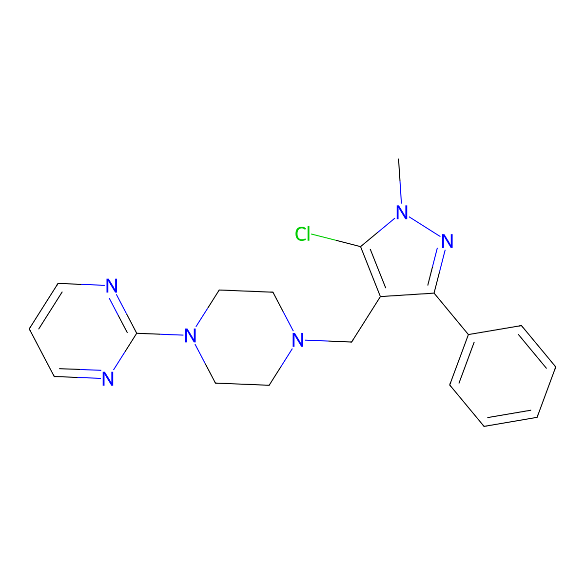 2-{4-[(5-chloro-1-methyl-3-phenyl-1H-pyrazol-4-yl)methyl]piperazino}pyrimidine molecular structure, CAS 477714-01-5