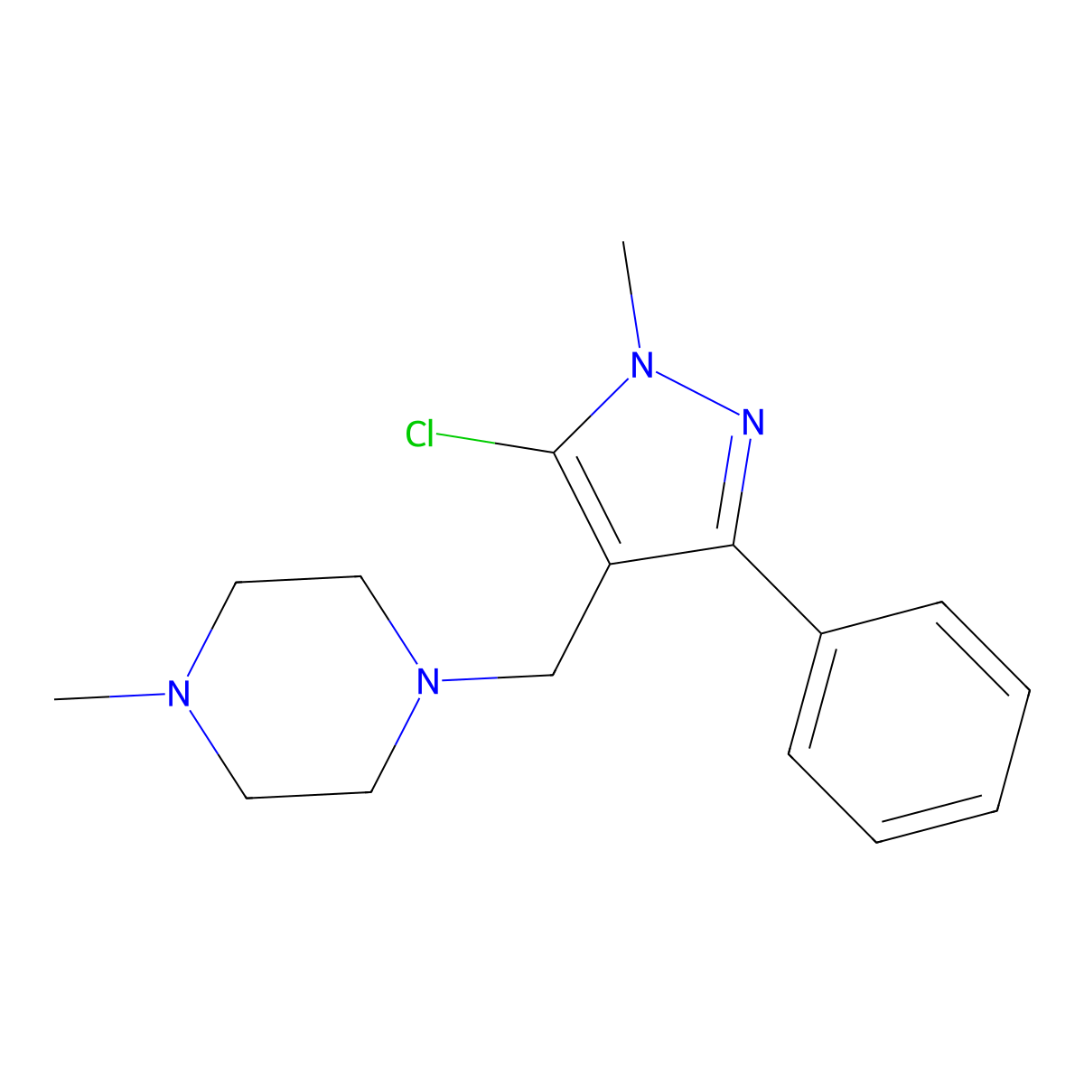 1-[(5-chloro-1-methyl-3-phenyl-1H-pyrazol-4-yl)methyl]-4-methylpiperazine molecular structure, CAS 477714-03-7