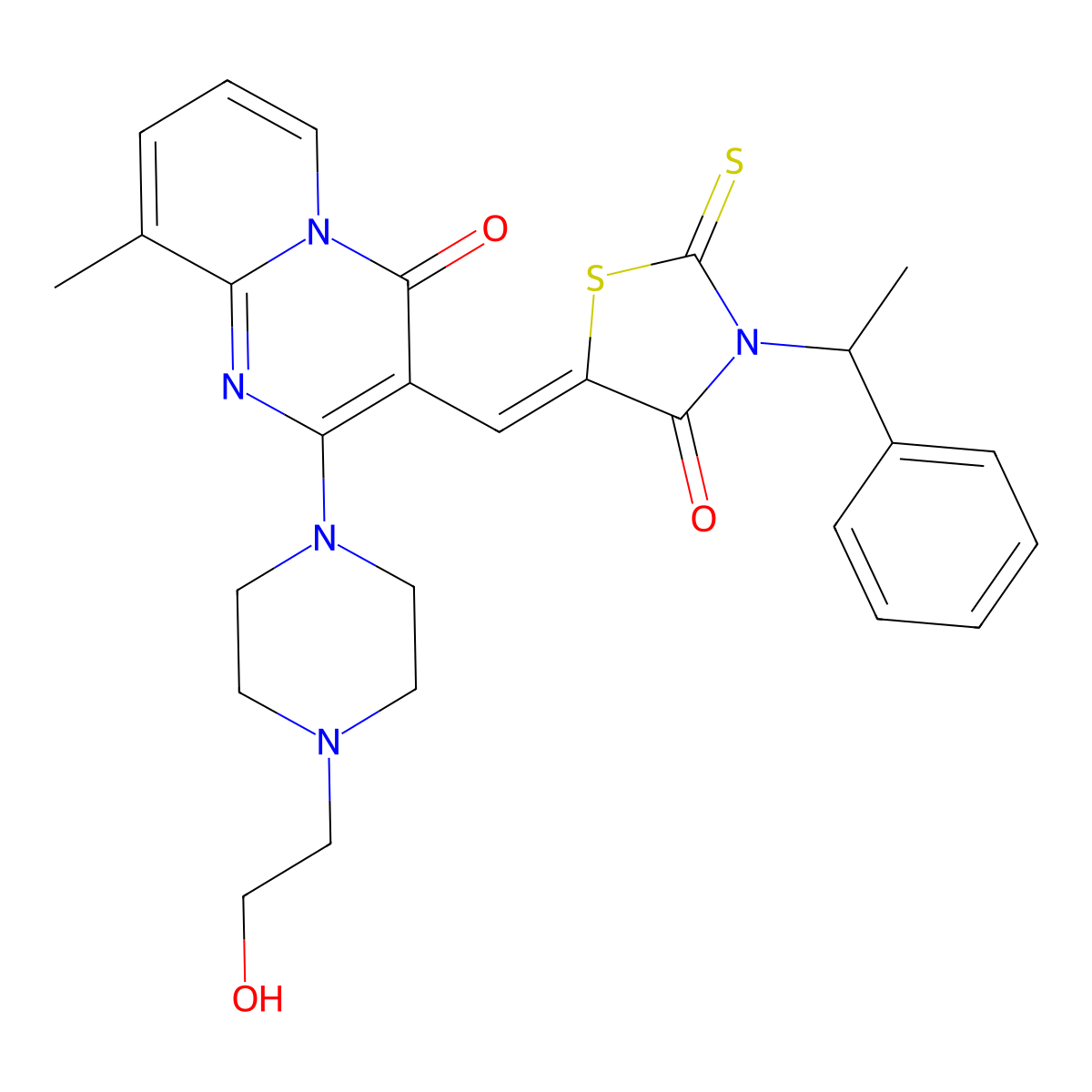5-({2-[4-(2-hydroxyethyl)piperazin-1-yl]-9-methyl-4-oxo-4H-pyrido[1,2-a]pyrimidin-3-yl}methylidene)-3-(1-phenylethyl)-2-sulfanylidene- molecular structure, CAS 477734-59-1