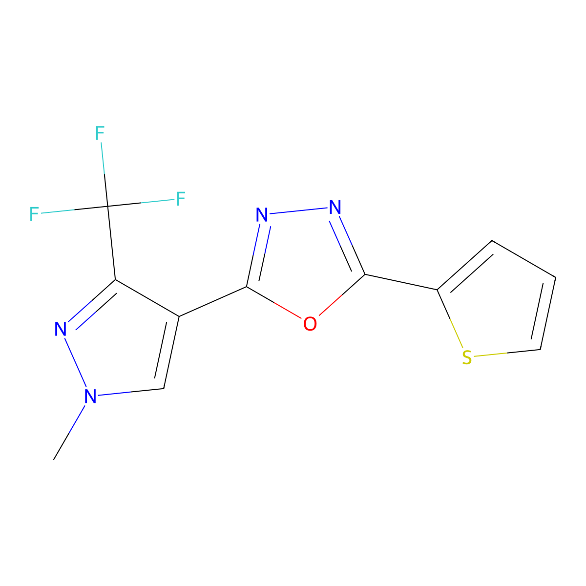 2-[1-methyl-3-(trifluoromethyl)-1H-pyrazol-4-yl]-5-(2-thienyl)-1,3,4-oxadiazole molecular structure, CAS 477762-34-8
