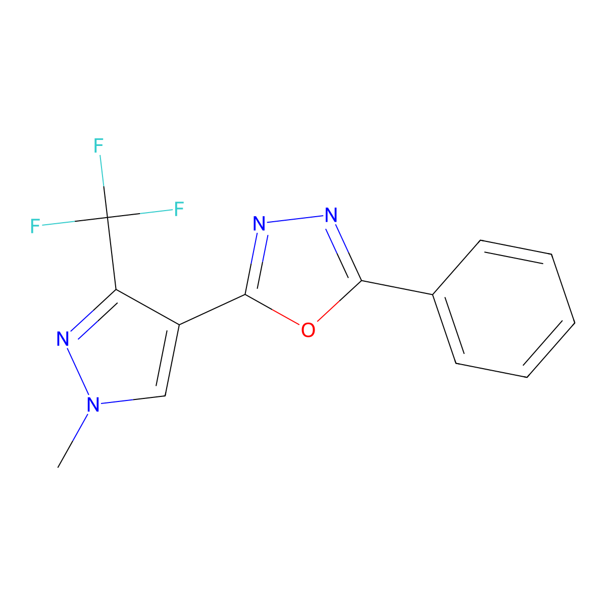 2-[1-methyl-3-(trifluoromethyl)-1H-pyrazol-4-yl]-5-phenyl-1,3,4-oxadiazole molecular structure, CAS 477762-35-9
