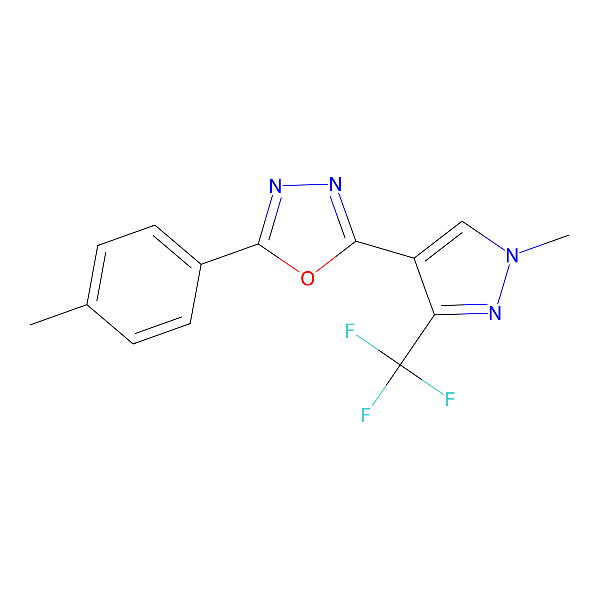 2-(4-methylphenyl)-5-[1-methyl-3-(trifluoromethyl)-1H-pyrazol-4-yl]-1,3,4-oxadiazole molecular structure, CAS 477762-36-0