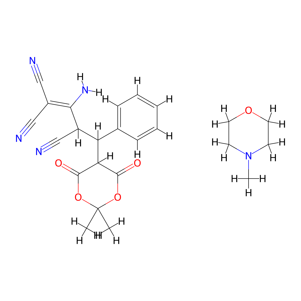 2-Amino-4-(2,2-dimethyl-4,6-dioxo-1,3-dioxan-5-yl)-4-phenylbut-1-ene-1,1,3-tricarbonitrile;4-methylmorpholine molecular structure, CAS 477762-82-6
