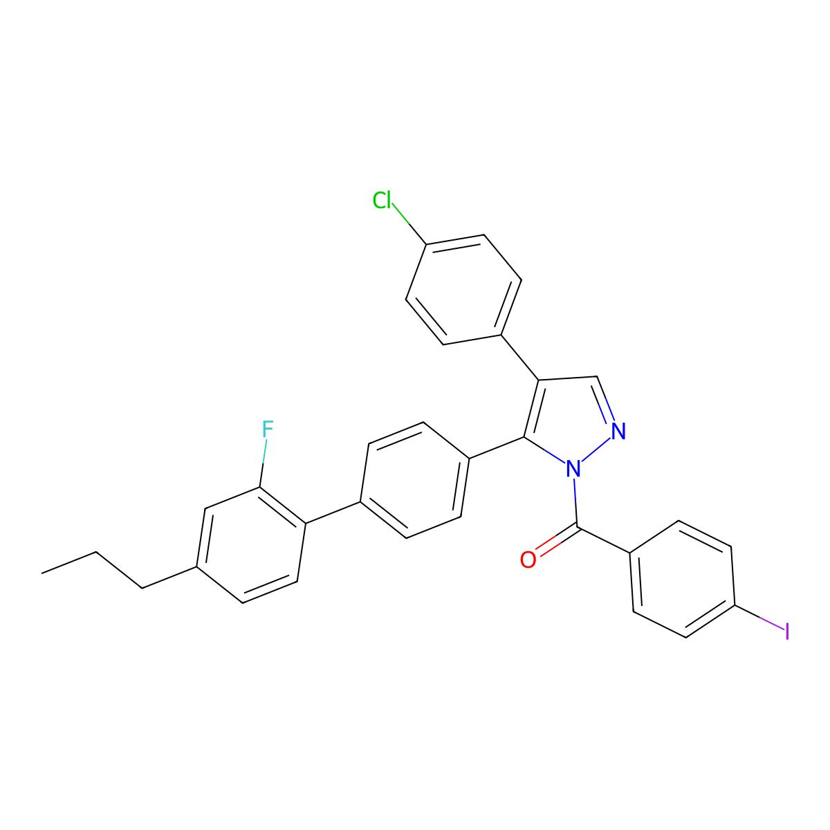 [4-(4-chlorophenyl)-5-(2'-fluoro-4'-propyl[1,1'-biphenyl]-4-yl)-1H-pyrazol-1-yl](4-iodophenyl)methanone molecular structure, CAS 477762-85-9