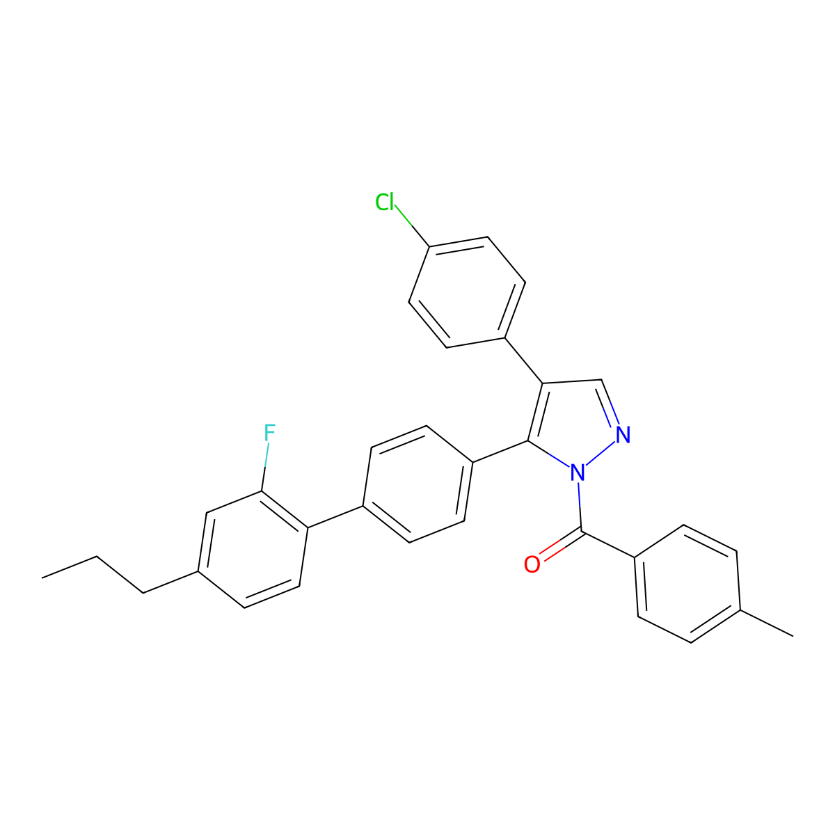 [4-(4-chlorophenyl)-5-(2'-fluoro-4'-propyl[1,1'-biphenyl]-4-yl)-1H-pyrazol-1-yl](4-methylphenyl)methanone molecular structure, CAS 477762-86-0