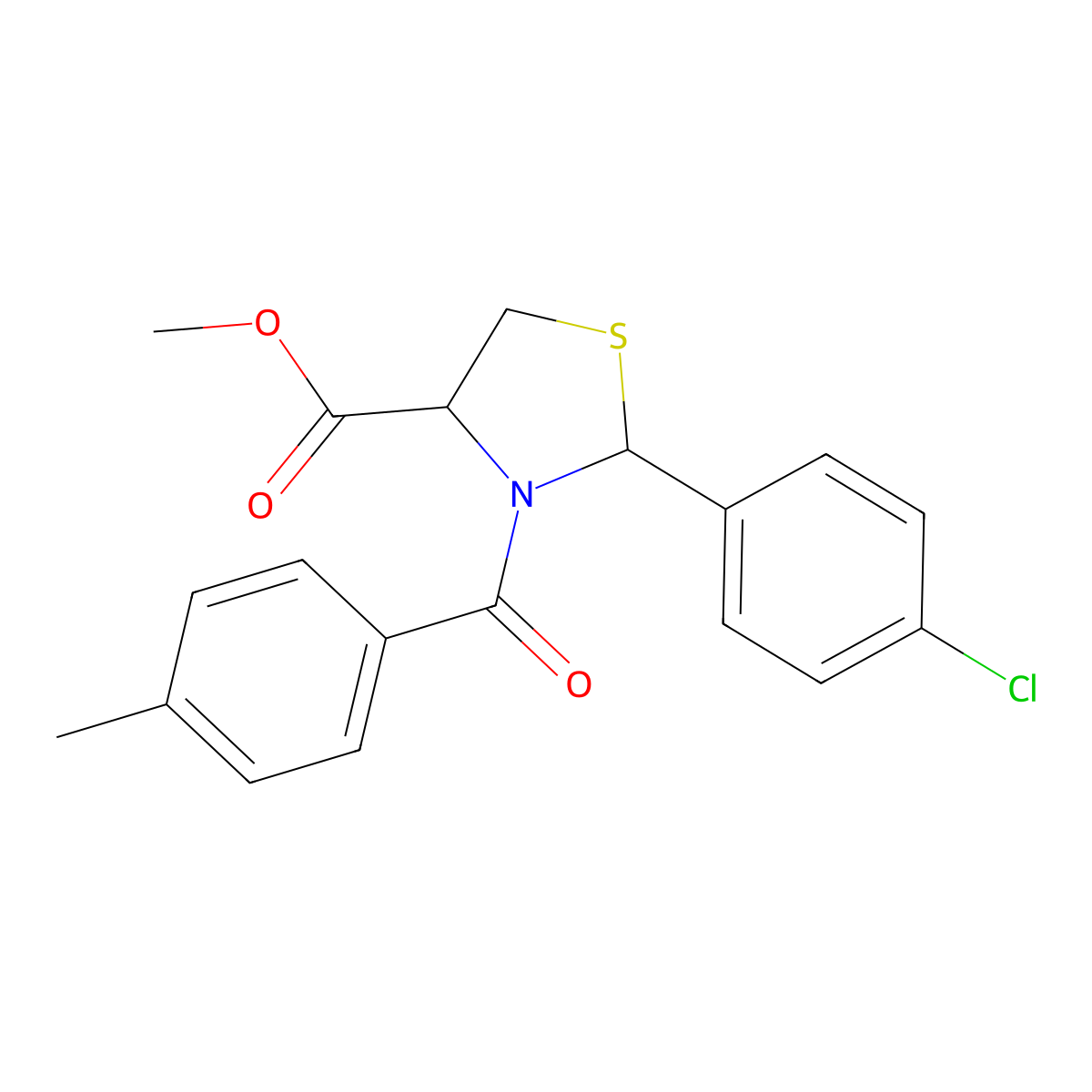 Methyl 2-(4-chlorophenyl)-3-(4-methylbenzoyl)-1,3-thiazolane-4-carboxylate molecular structure, CAS 477768-31-3