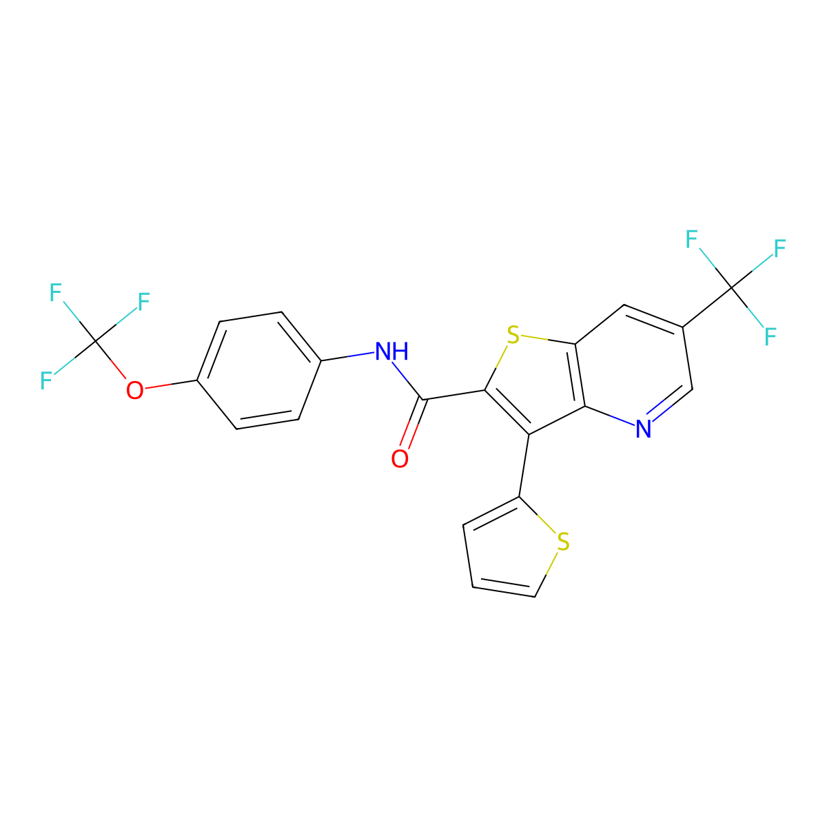 3-(2-thienyl)-N-[4-(trifluoromethoxy)phenyl]-6-(trifluoromethyl)thieno[3,2-b]pyridine-2-carboxamide molecular structure, CAS 477845-16-2