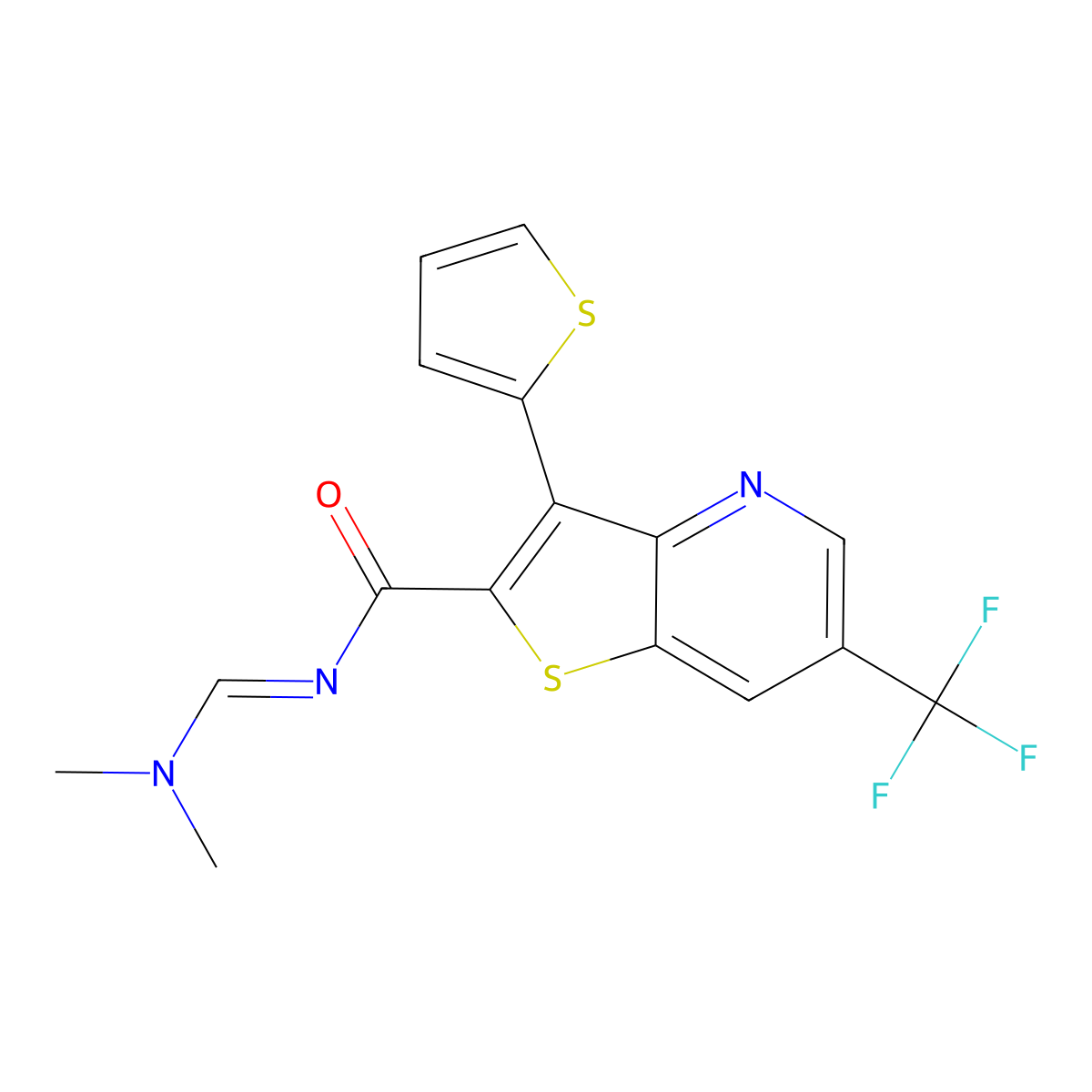 N-(dimethylaminomethylidene)-3-thiophen-2-yl-6-(trifluoromethyl)thieno[3,2-b]pyridine-2-carboxamide molecular structure, CAS 477845-22-0