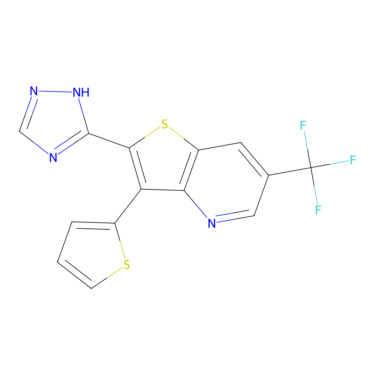 3-(2-thienyl)-2-(1H-1,2,4-triazol-3-yl)-6-(trifluoromethyl)thieno[3,2-b]pyridine molecular structure, CAS 477845-23-1