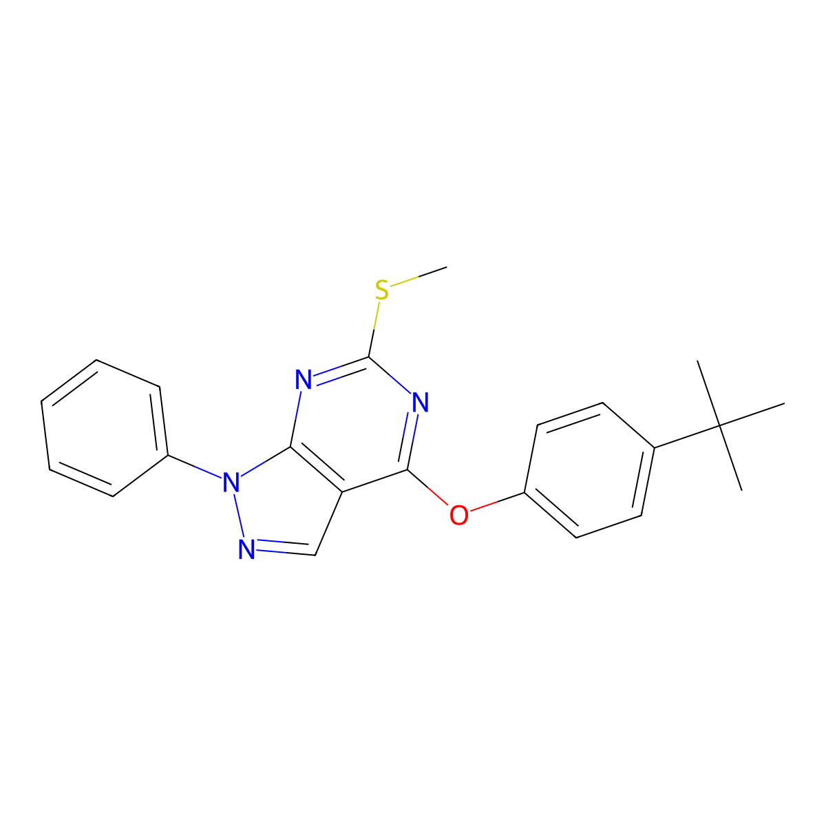 4-(tert-butyl)phenyl 6-(methylsulfanyl)-1-phenyl-1H-pyrazolo[3,4-d]pyrimidin-4-yl ether molecular structure, CAS 477845-72-0