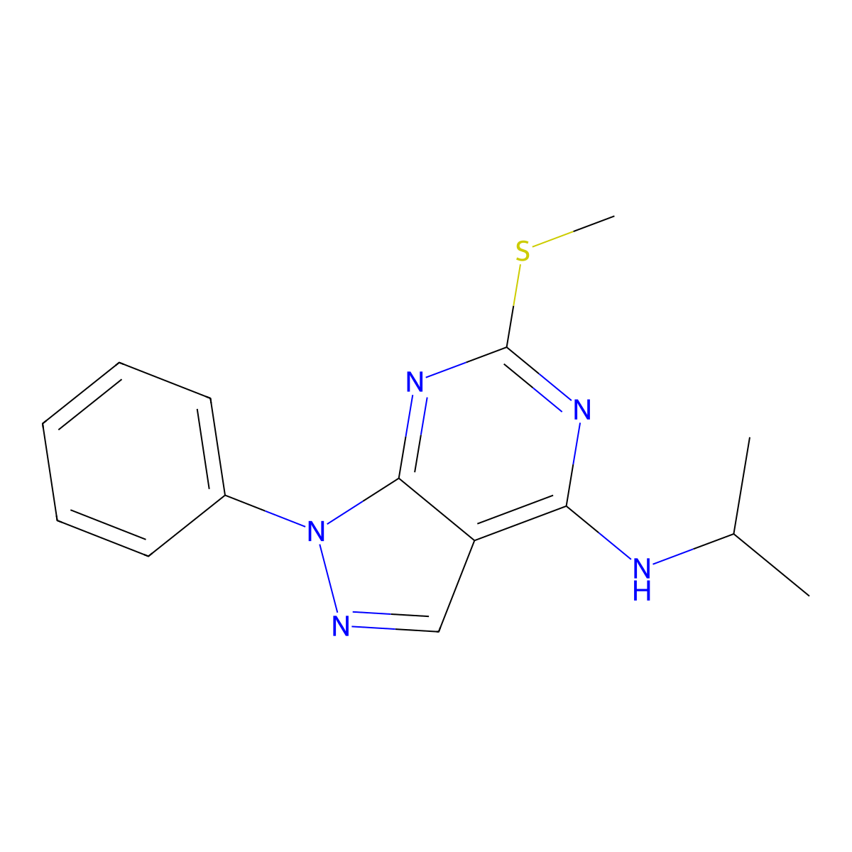 N-isopropyl-6-(methylsulfanyl)-1-phenyl-1H-pyrazolo[3,4-d]pyrimidin-4-amine molecular structure, CAS 477845-74-2