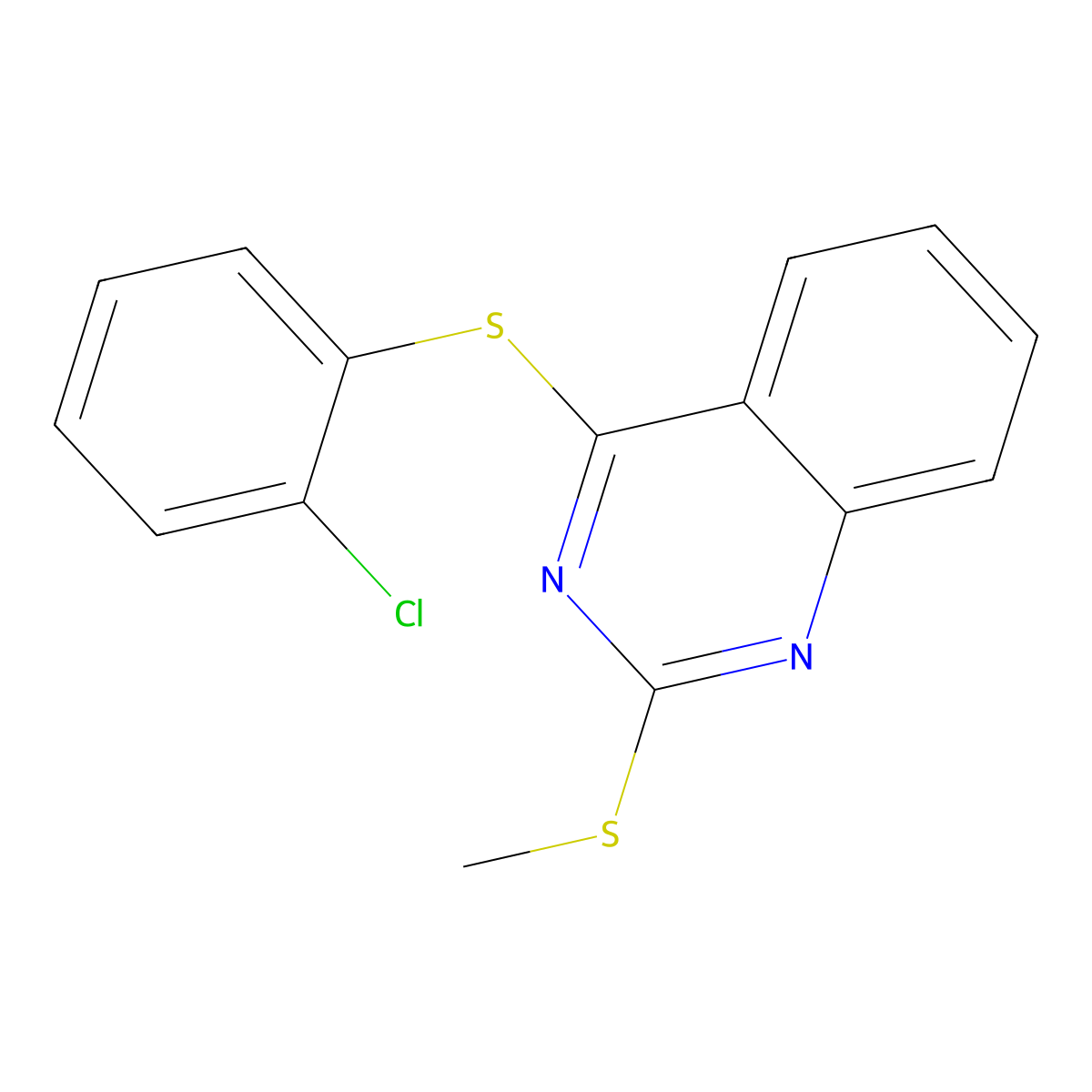 2-Chlorophenyl 2-(methylsulfanyl)-4-quinazolinyl sulfide molecular structure, CAS 477845-89-9