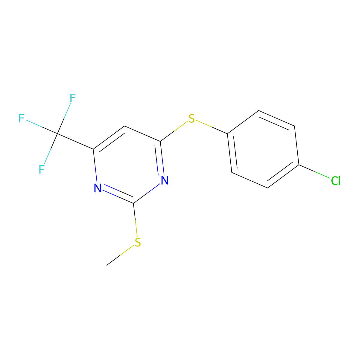 4-Chlorophenyl 2-(methylsulfanyl)-6-(trifluoromethyl)-4-pyrimidinyl sulfide molecular structure, CAS 477845-98-0