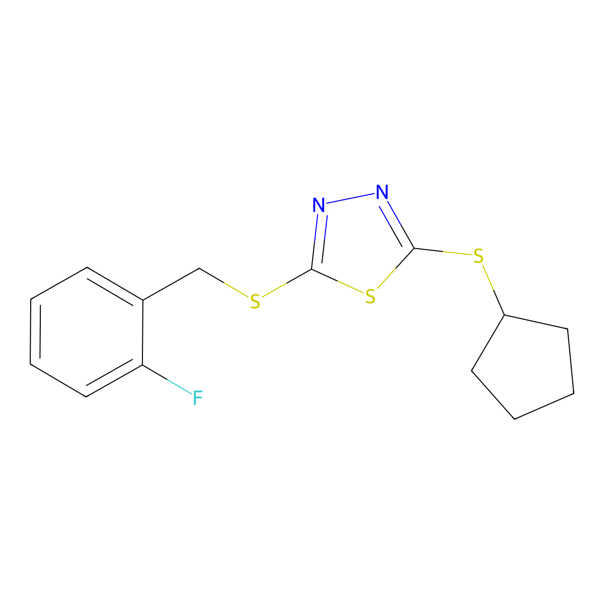 2-(Cyclopentylsulfanyl)-5-[(2-fluorobenzyl)sulfanyl]-1,3,4-thiadiazole molecular structure, CAS 477846-20-1