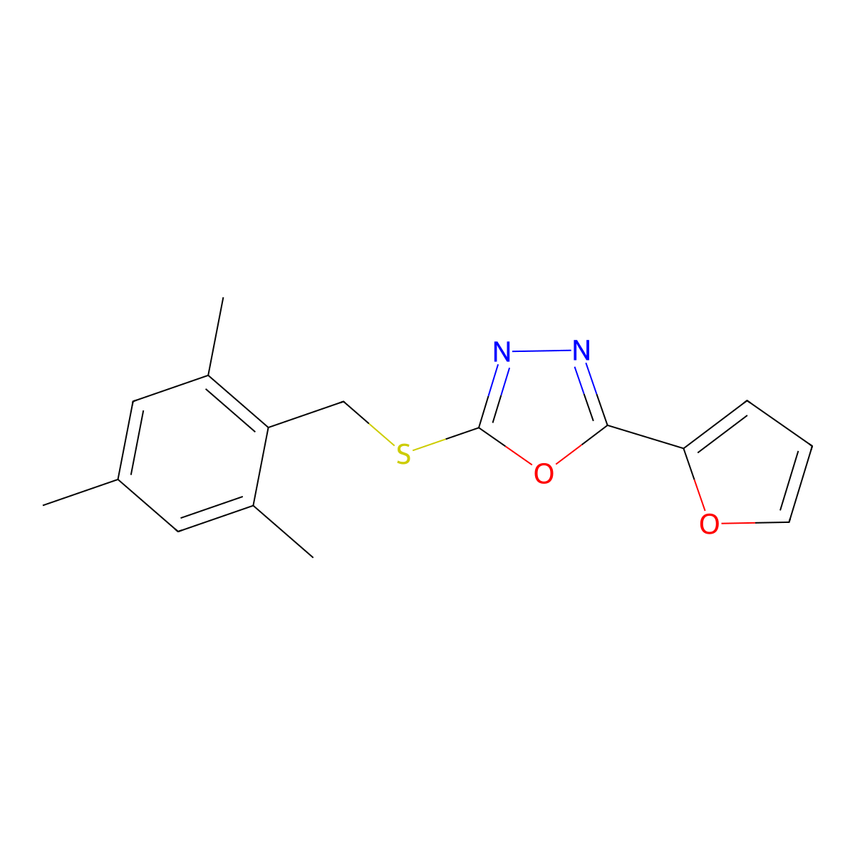 2-(2-Furyl)-5-[(mesitylmethyl)sulfanyl]-1,3,4-oxadiazole molecular structure, CAS 477846-89-2