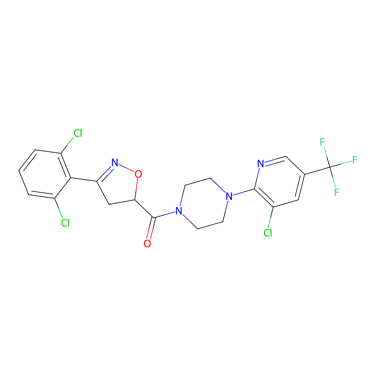 [4-[3-Chloro-5-(trifluoromethyl)pyridin-2-yl]piperazin-1-yl]-[3-(2,6-dichlorophenyl)-4,5-dihydro-1,2-oxazol-5-yl]methanone molecular structure, CAS 477848-50-3