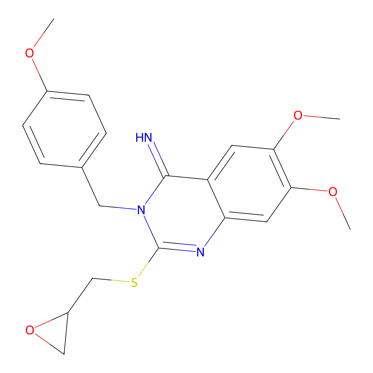 6,7-Dimethoxy-3-[(4-methoxyphenyl)methyl]-2-(oxiran-2-ylmethylsulfanyl)quinazolin-4-imine molecular structure, CAS 477848-76-3