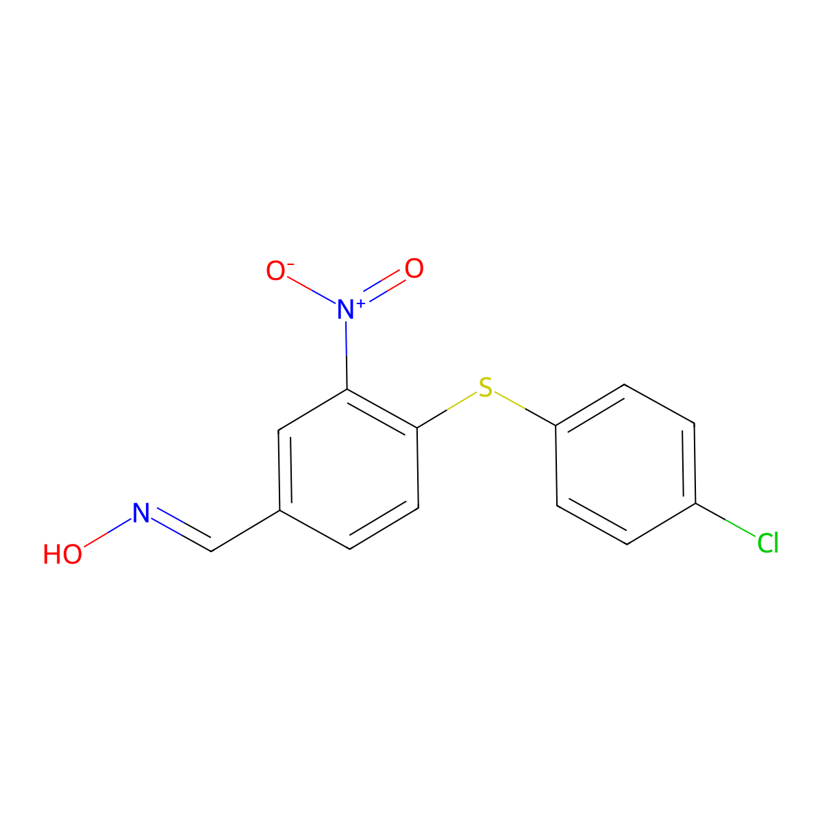 4-[(4-Chlorophenyl)sulfanyl]-3-nitrobenzenecarbaldehyde oxime molecular structure, CAS 477851-86-8