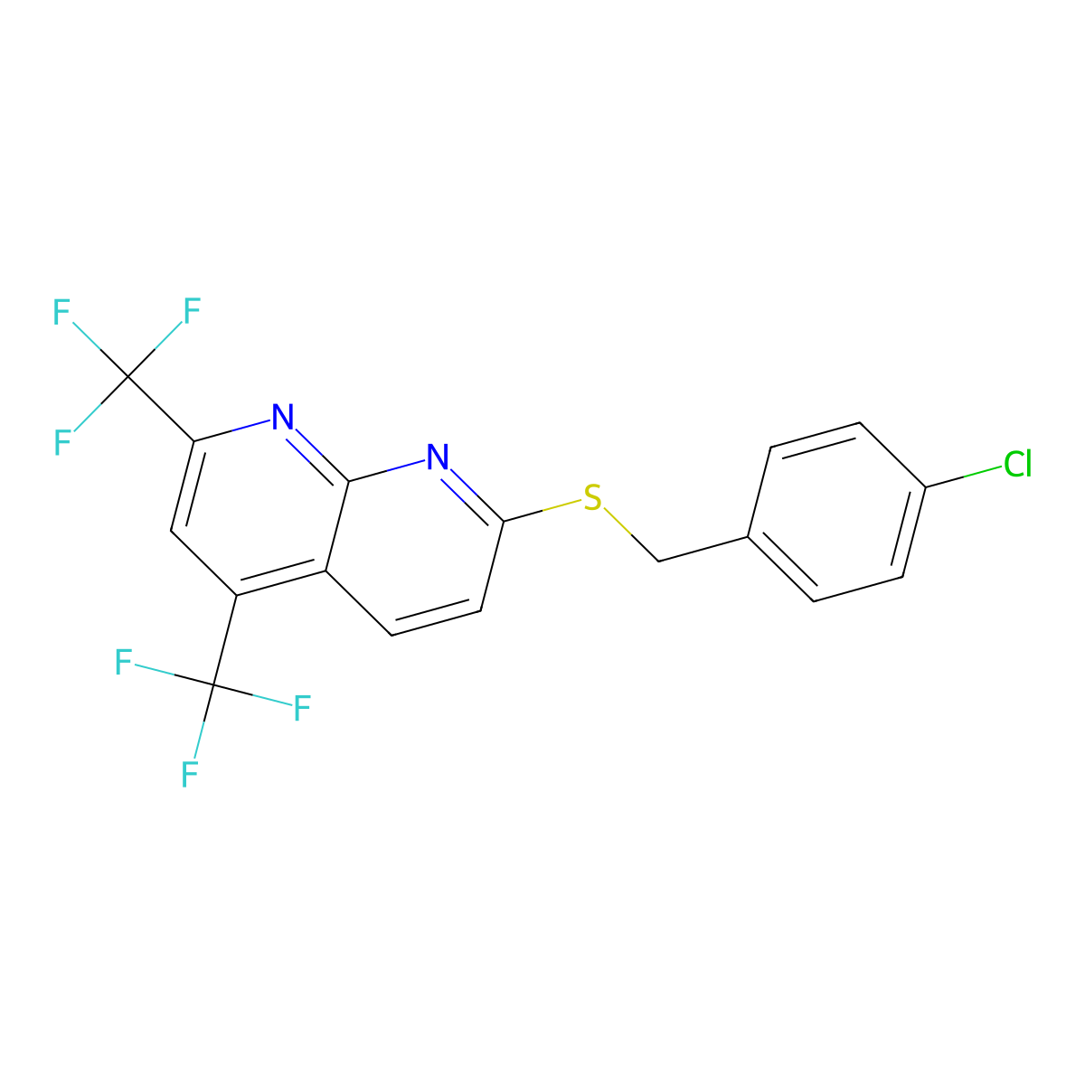 5,7-Bis(trifluoromethyl)[1,8]naphthyridin-2-yl 4-chlorobenzyl sulfide molecular structure, CAS 477851-92-6