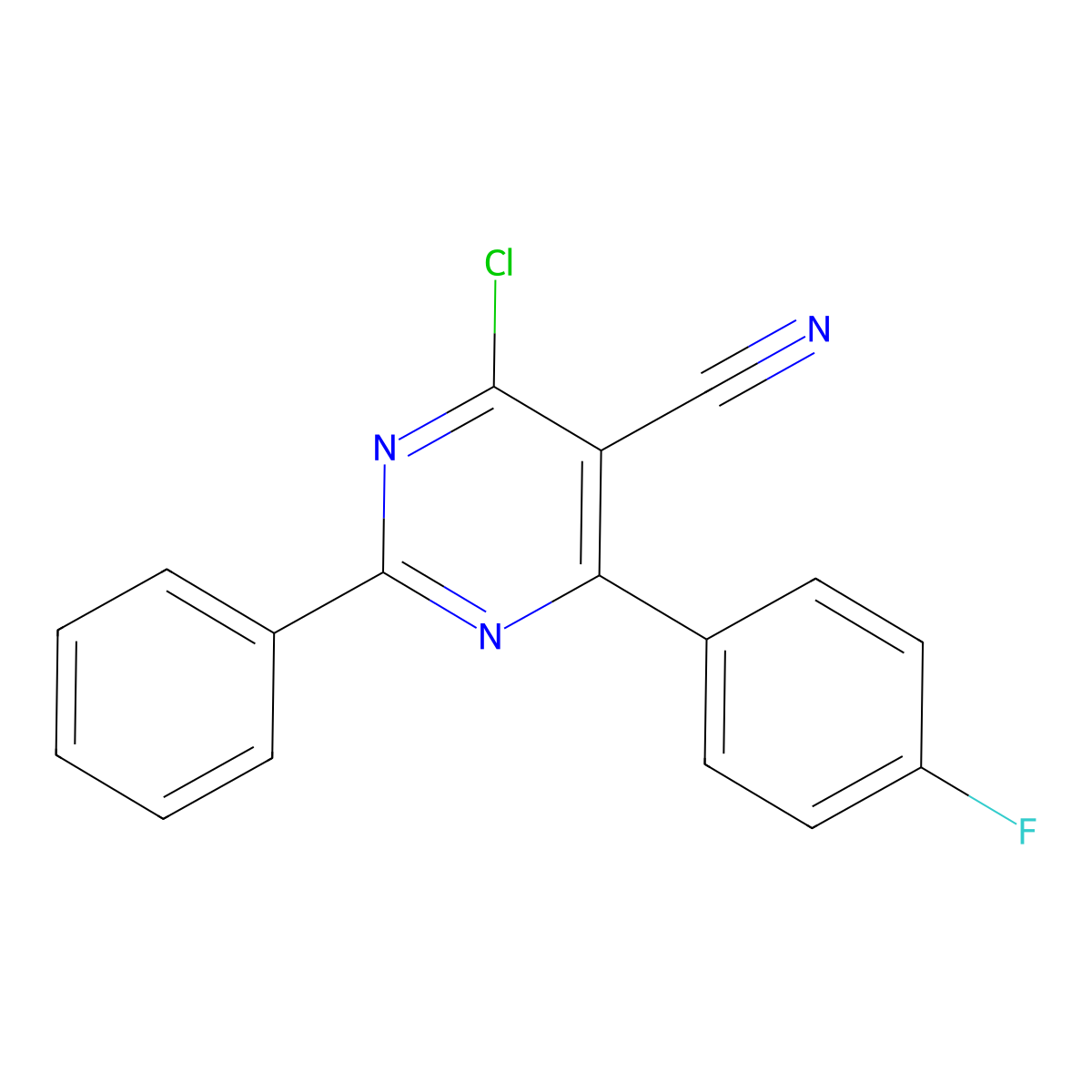 4-Chloro-6-(4-fluorophenyl)-2-phenyl-5-pyrimidinecarbonitrile molecular structure, CAS 477853-93-3