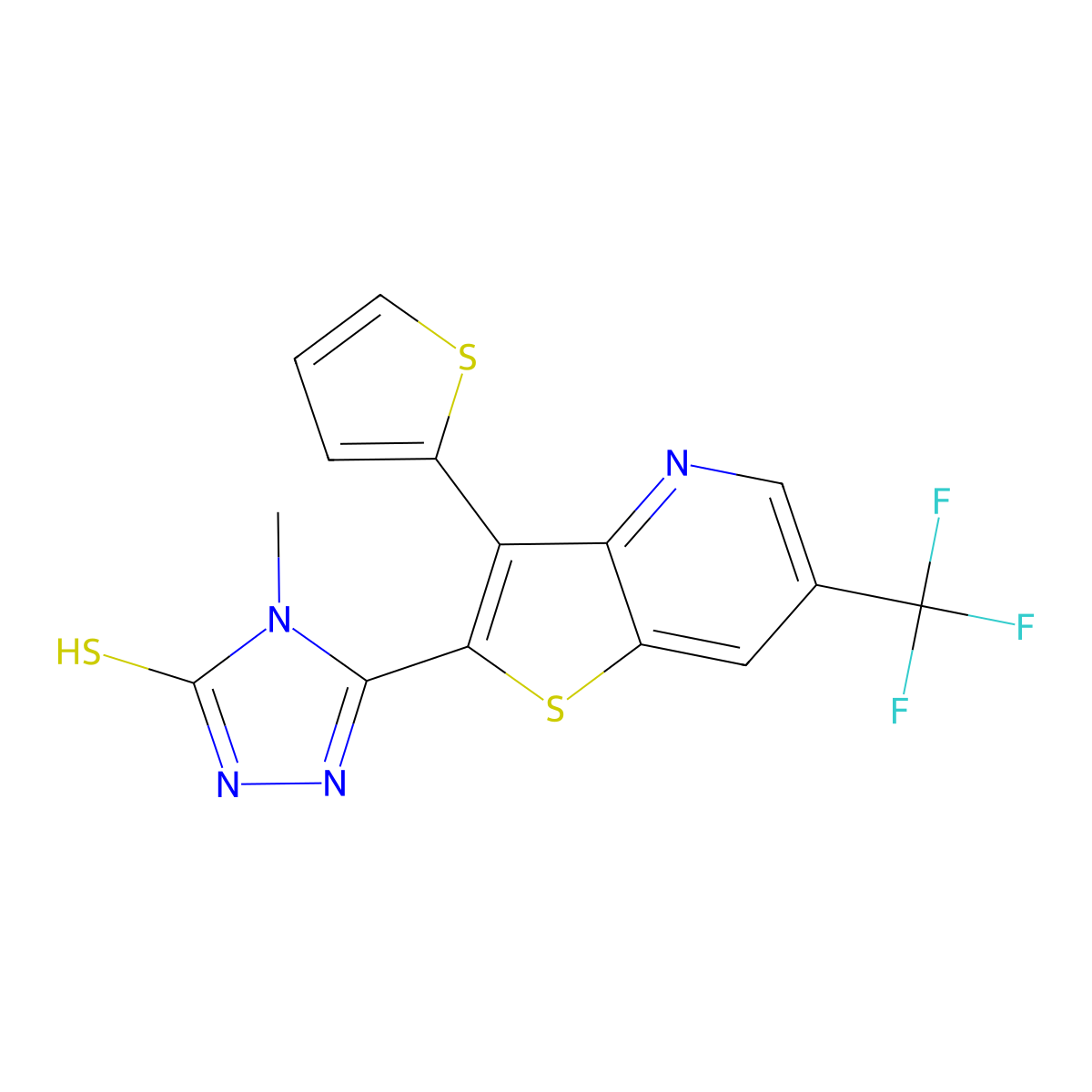 4-methyl-5-[3-(2-thienyl)-6-(trifluoromethyl)thieno[3,2-b]pyridin-2-yl]-4H-1,2,4-triazol-3-ylhydrosulfide molecular structure, CAS 477854-06-1