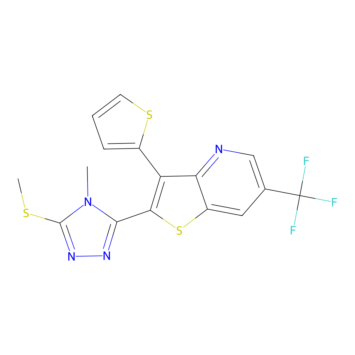 2-[4-methyl-5-(methylsulfanyl)-4H-1,2,4-triazol-3-yl]-3-(2-thienyl)-6-(trifluoromethyl)thieno[3,2-b]pyridine molecular structure, CAS 477854-07-2