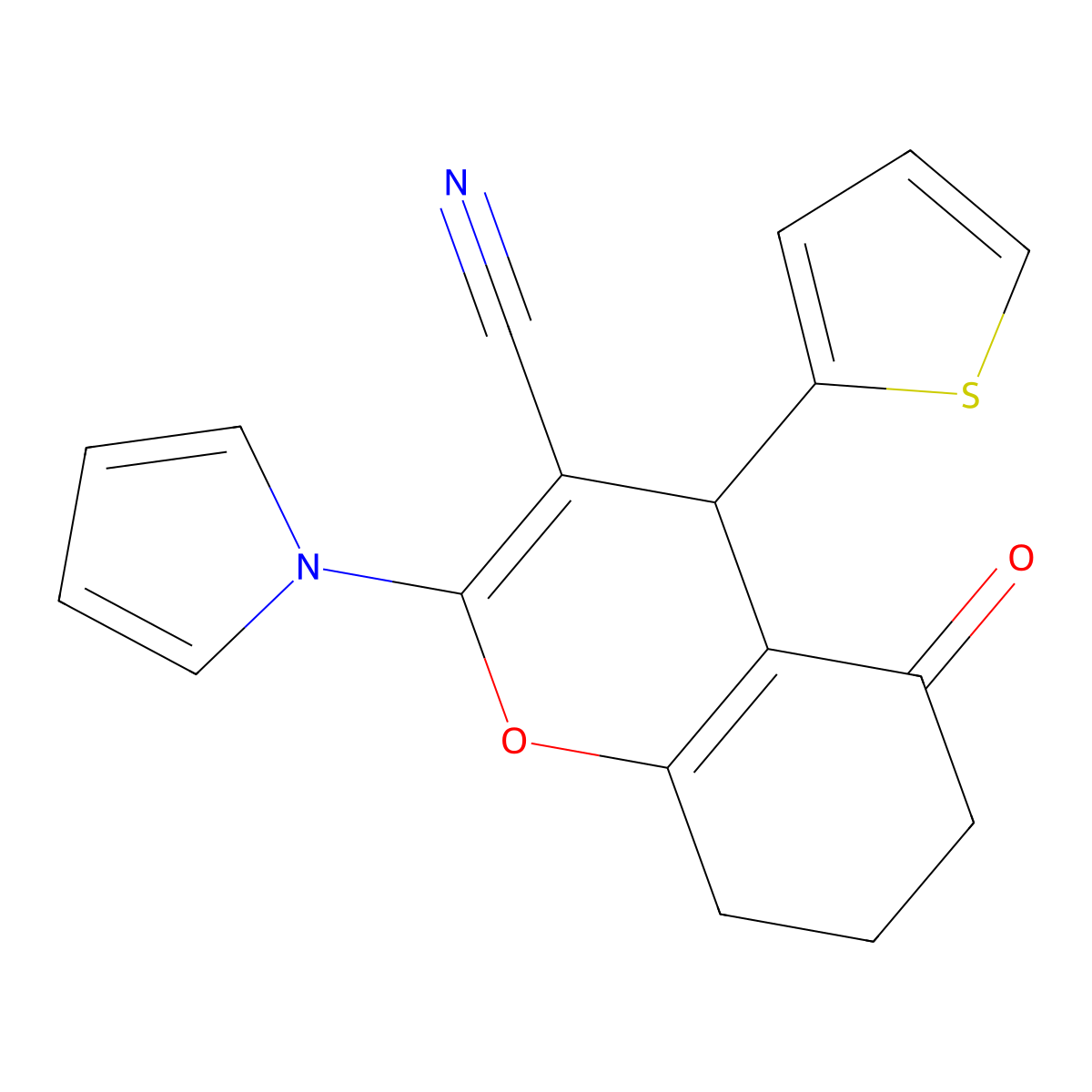 5-oxo-2-(1H-pyrrol-1-yl)-4-(thiophen-2-yl)-5,6,7,8-tetrahydro-4H-chromene-3-carbonitrile molecular structure, CAS 477854-13-0