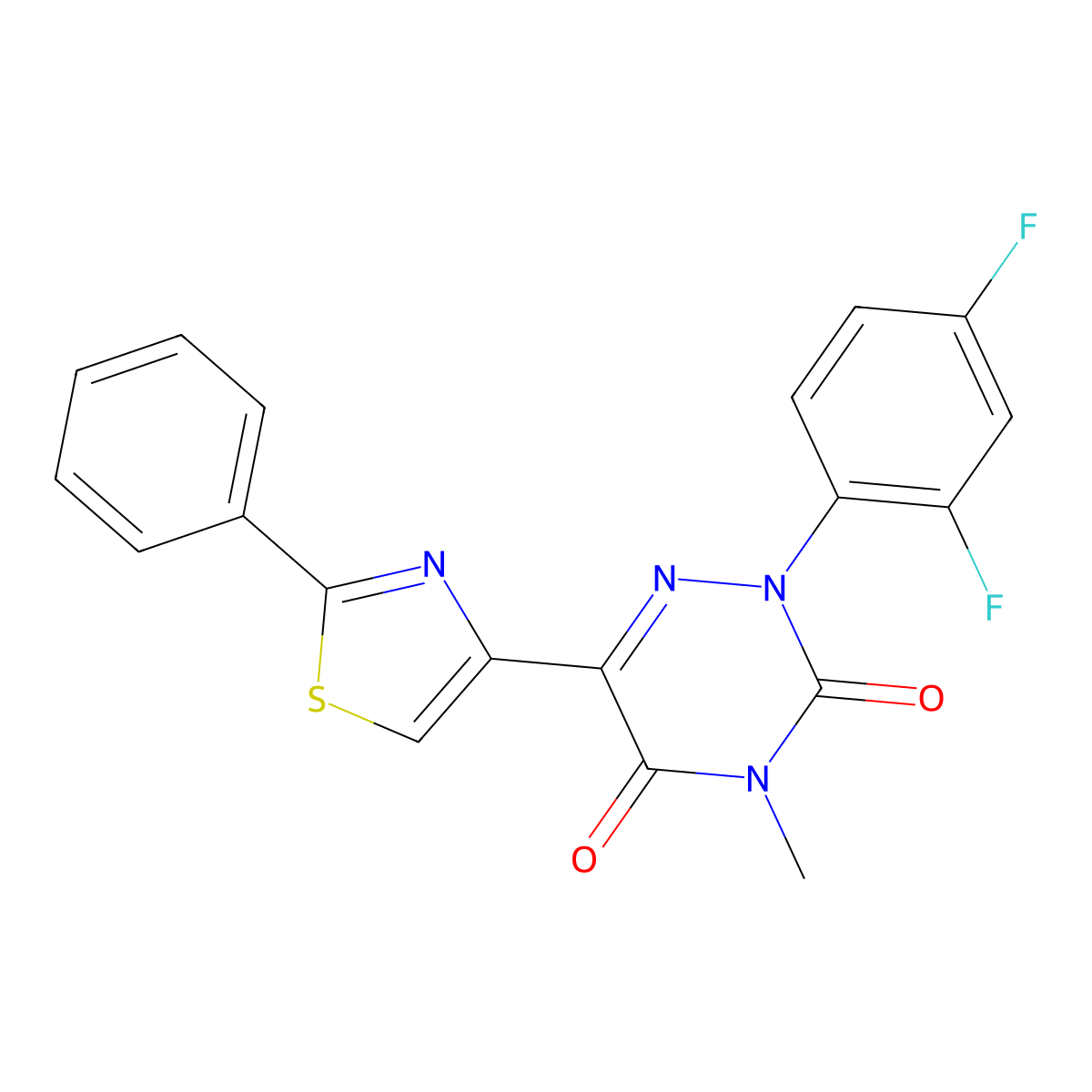 2-(2,4-difluorophenyl)-4-methyl-6-(2-phenyl-1,3-thiazol-4-yl)-1,2,4-triazine-3,5(2H,4H)-dione molecular structure, CAS 477854-26-5