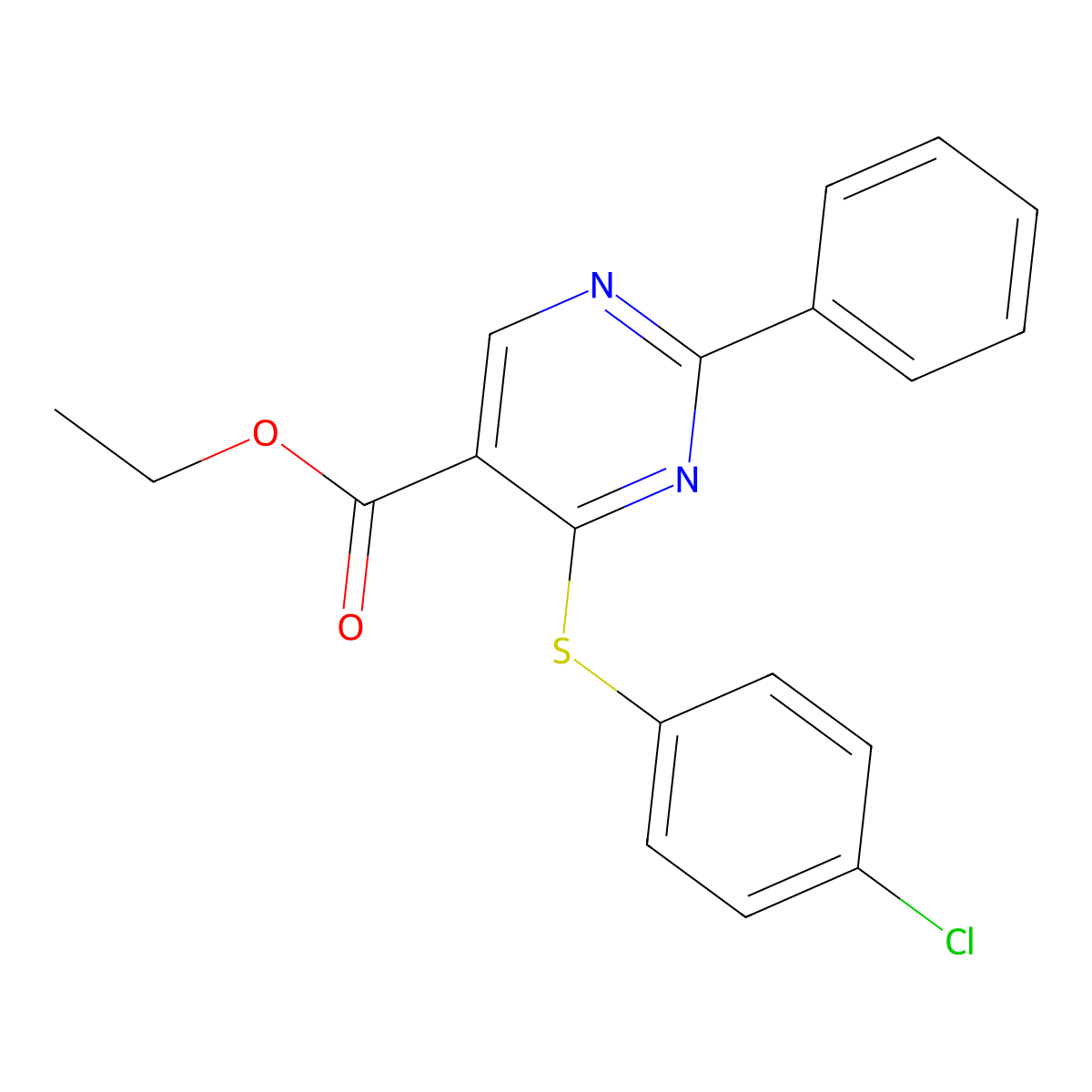 Ethyl 4-[(4-chlorophenyl)sulfanyl]-2-phenyl-5-pyrimidinecarboxylate molecular structure, CAS 477854-48-1
