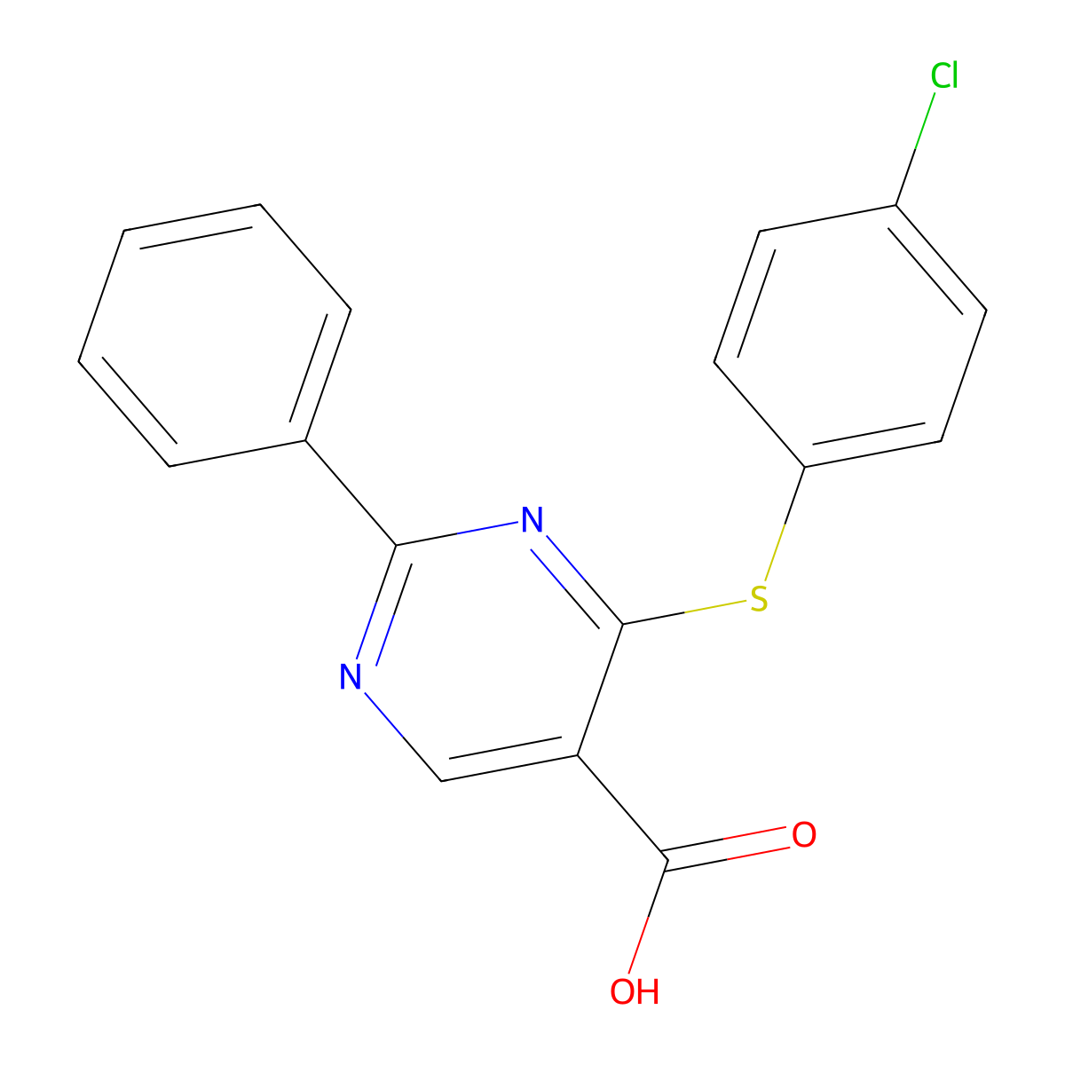 4-[(4-Chlorophenyl)sulfanyl]-2-phenyl-5-pyrimidinecarboxylic acid molecular structure, CAS 477854-49-2