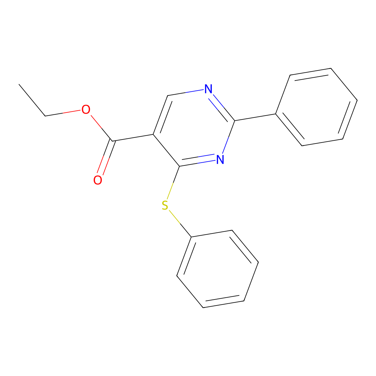 Ethyl 2-phenyl-4-(phenylsulfanyl)-5-pyrimidinecarboxylate molecular structure, CAS 477854-50-5