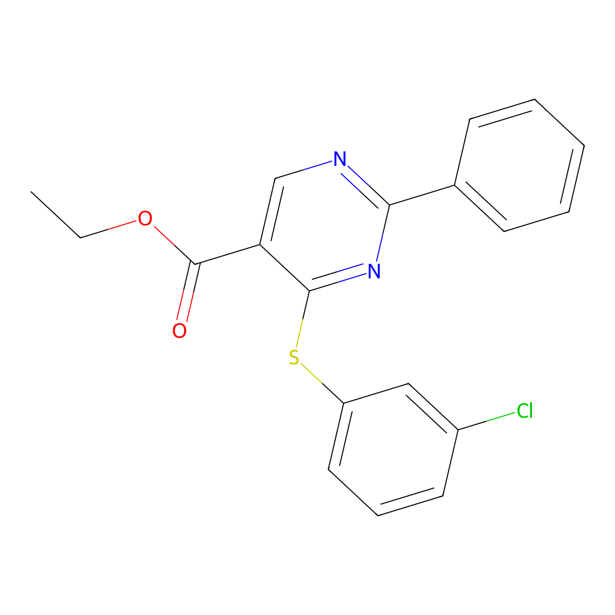 Ethyl 4-[(3-chlorophenyl)sulfanyl]-2-phenyl-5-pyrimidinecarboxylate molecular structure, CAS 477854-54-9