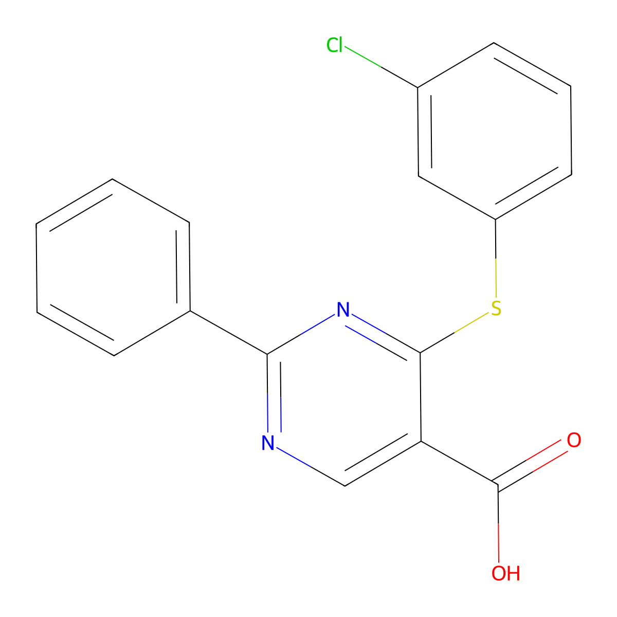 4-[(3-Chlorophenyl)sulfanyl]-2-phenyl-5-pyrimidinecarboxylic acid molecular structure, CAS 477854-55-0