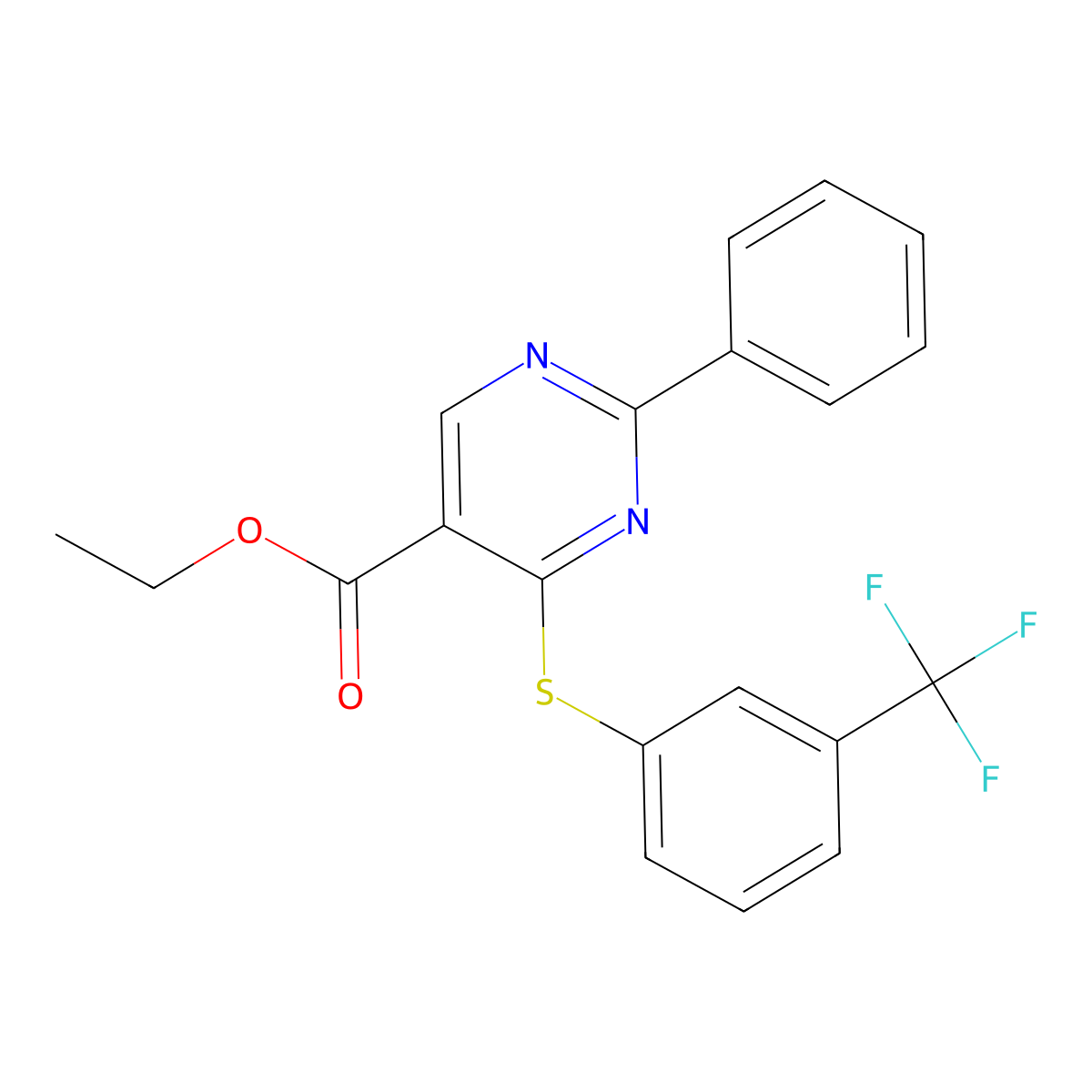 Ethyl 2-phenyl-4-{[3-(trifluoromethyl)phenyl]sulfanyl}-5-pyrimidinecarboxylate molecular structure, CAS 477854-56-1