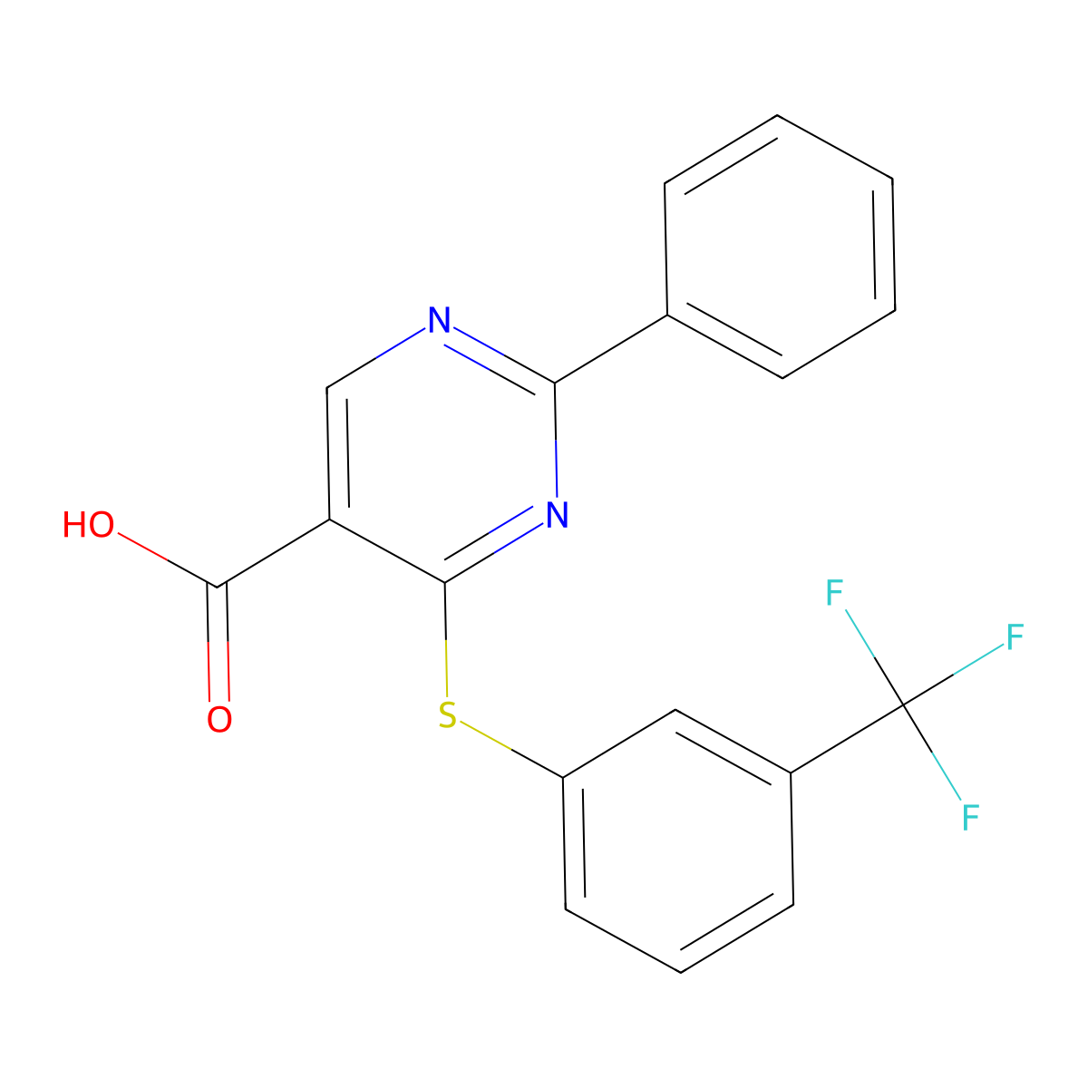 2-Phenyl-4-{[3-(trifluoromethyl)phenyl]sulfanyl}-5-pyrimidinecarboxylic acid molecular structure, CAS 477854-57-2